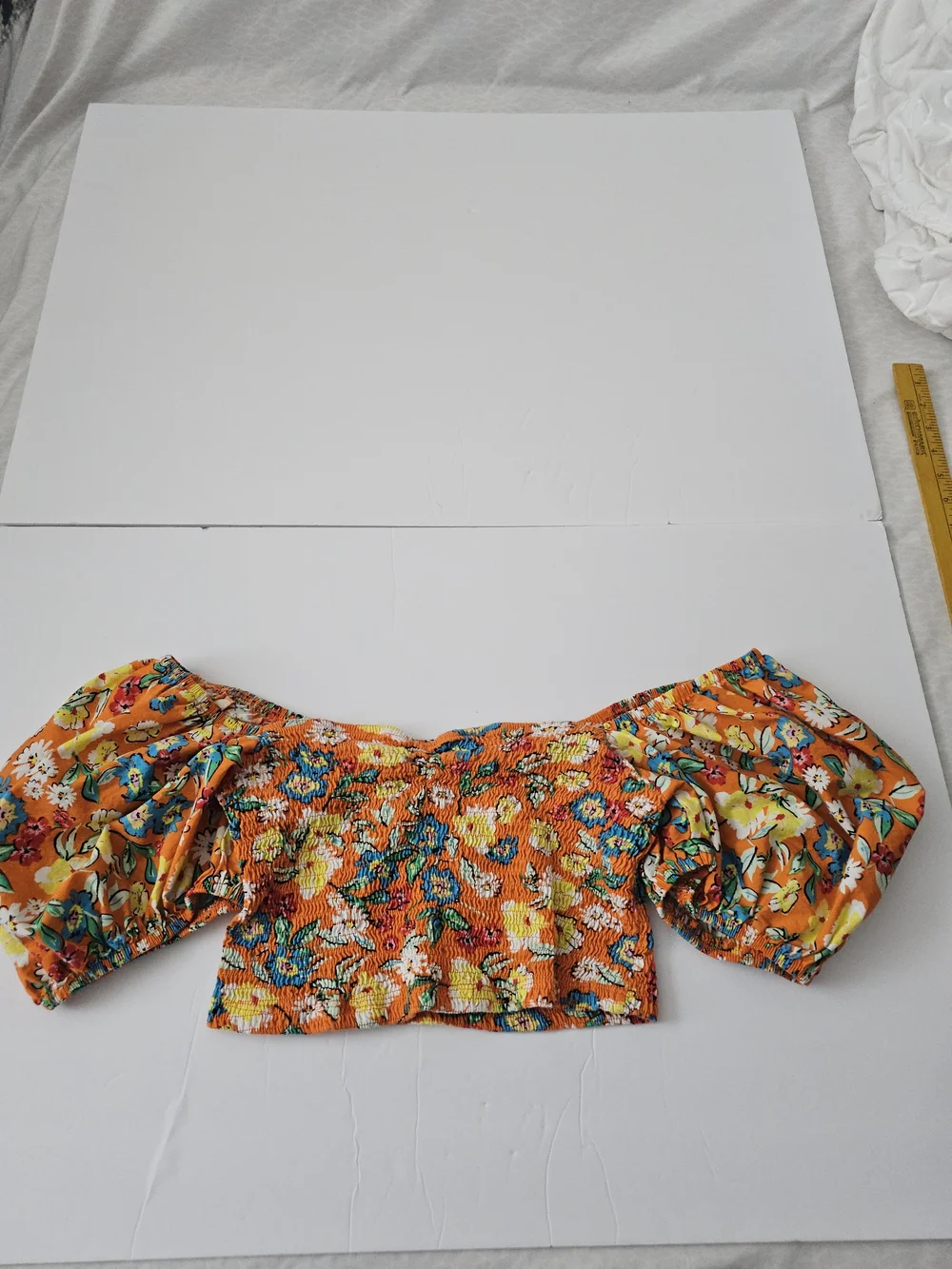 Zara Floral Crop Top  Smocked On or Off Shoulder Orange Multi Boho Western Sz L - Picture 7 of 12